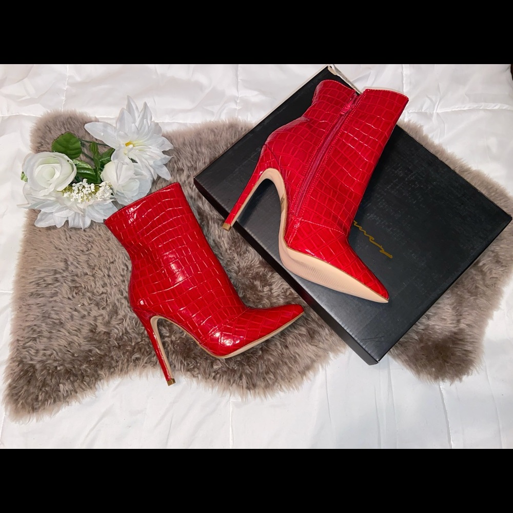 Red faux gator skin ankle boot or bootie